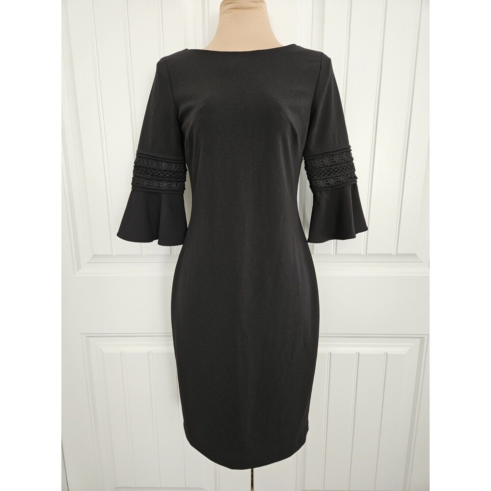 Calvin Klein Retro 90's/70s Style Black Sheath Dress Flared Bell Sleeves Size 4